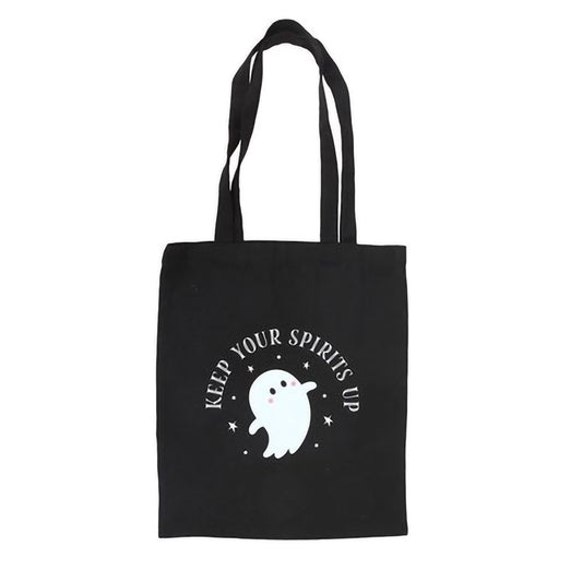 Halloween tote bag with ghost motif and uplifting text