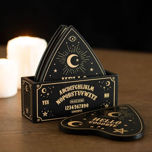 Set of 4 black and gold planchette-shaped coasters with celestial talking board design, complete with matching holder.