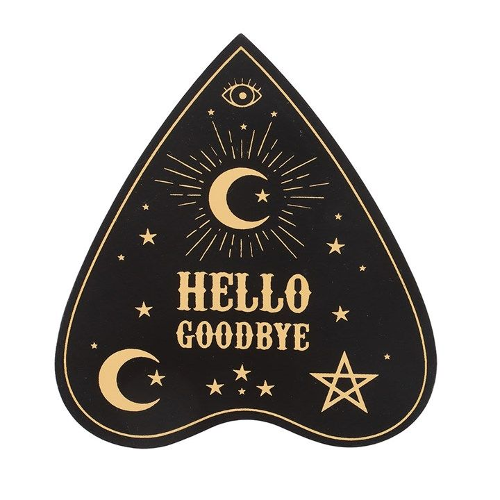 Set of 4 black and gold planchette-shaped coasters with celestial talking board design, complete with matching holder.