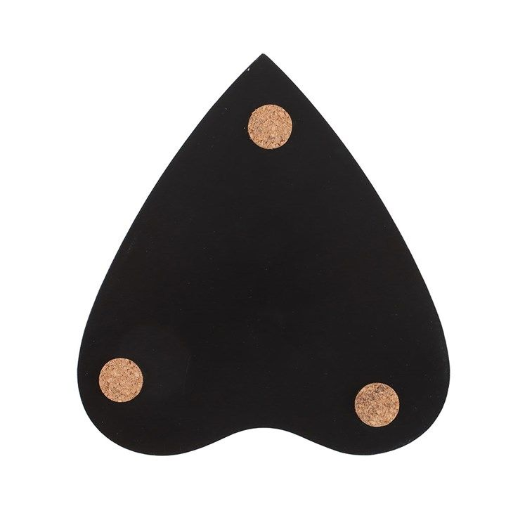 Set of 4 black and gold planchette-shaped coasters with celestial talking board design, complete with matching holder.