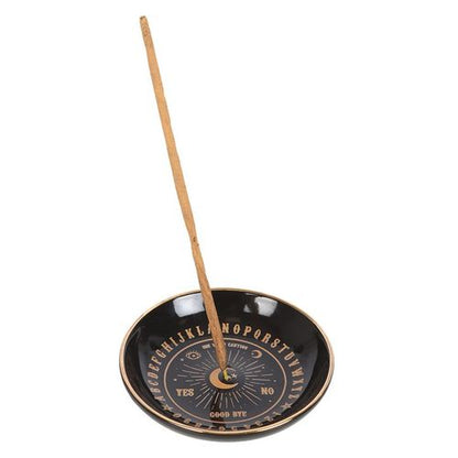 Black incense dish with mystical talking board design in gold finish, designed for sticks and cones.