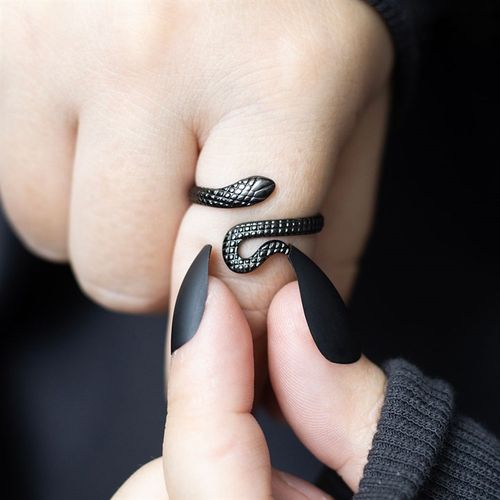 Black Snake Adjustable Ring in dark finish with delicate snake design, adjustable fit for any finger size.