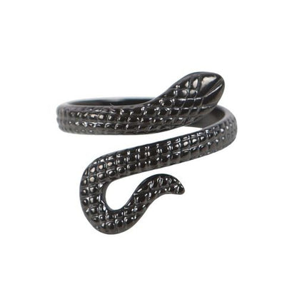 Black Snake Adjustable Ring in dark finish with delicate snake design, adjustable fit for any finger size.