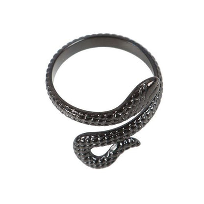 Black Snake Adjustable Ring in dark finish with delicate snake design, adjustable fit for any finger size.