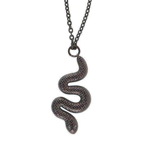 Black Snake Pendant Necklace in dark finish, delicate snake design on floral backing card.