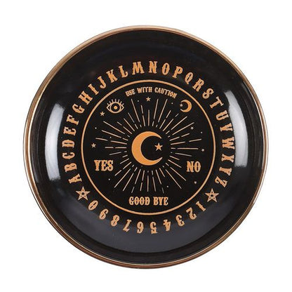 Black trinket dish with talking board design in premium gold finish, perfect for storing jewellery and trinkets.