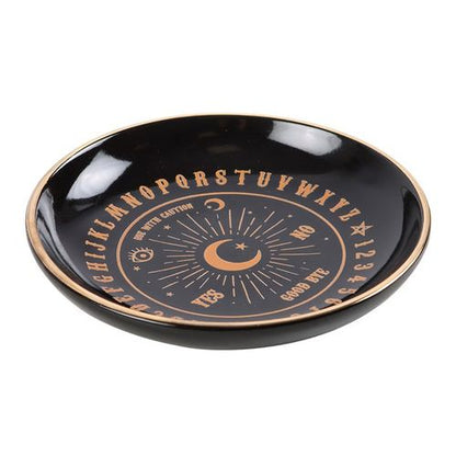 Black trinket dish with talking board design in premium gold finish, perfect for storing jewellery and trinkets.