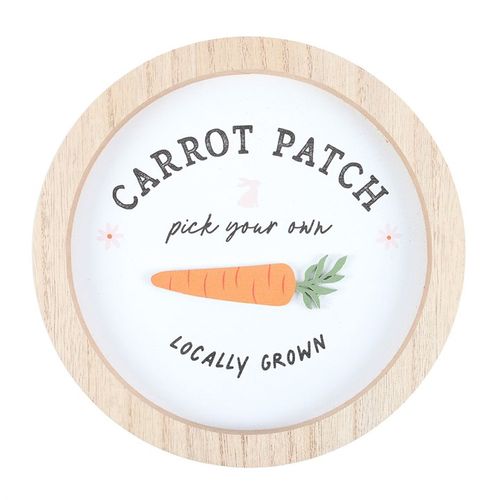 Round wall plaque with bunny and carrot design, perfect for home or garden decor