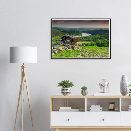 Framed print of Leather Tor overlooking Burrator Reservoir in Dartmoor