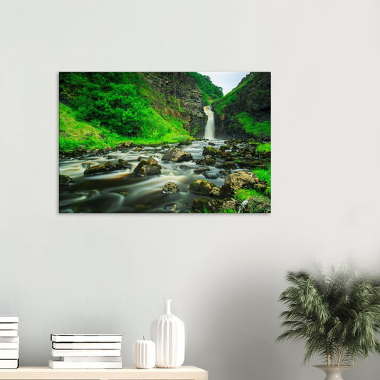 Canvas print of Lealt Falls on the Isle of Skye with cascading waterfall, misty spray, and lush greenery.