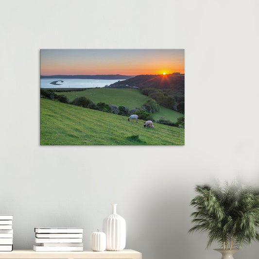 Plymouth Sound sunset canvas print with glowing orange sky