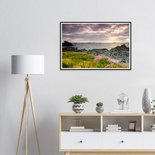 Framed print of Pleinmont Point in Guernsey at sunset