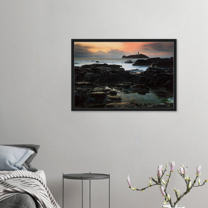 Framed canvas of Godrevy Lighthouse at golden hour in Cornwall