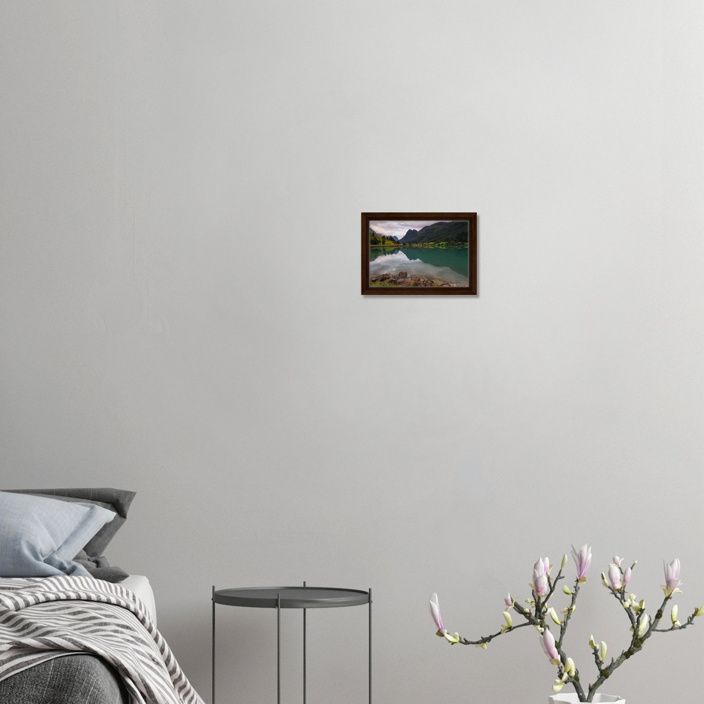 Framed artwork of Norwegian lake with serene mountain backdrop