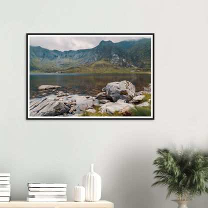 Serene framed landscape print of Llyn Idwal in Wales