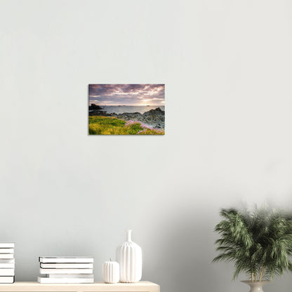 Canvas artwork showing a glowing golden field and rocky coastline at Pleinmont Point, with a lighthouse under streaked evening clouds.