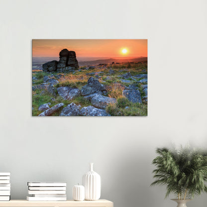 Canvas print of Leeden Tor at sunset showing majestic granite outcrop bathed in golden light