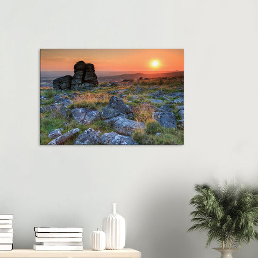 Canvas print of Leeden Tor at sunset showing majestic granite outcrop bathed in golden light