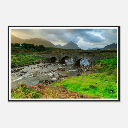 Ancient stone bridge with arches at Sligachan framed wall art