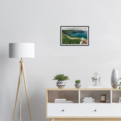 Framed landscape print of Trethevy Tintagel Cornwall seascape