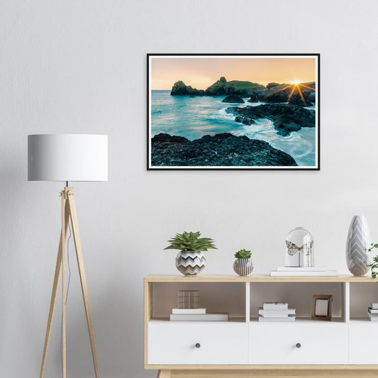Framed print of Kynance Cove in Cornwall at sunset