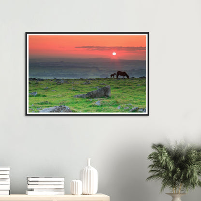 Framed landscape print of Dartmoor at twilight with grazing horses
