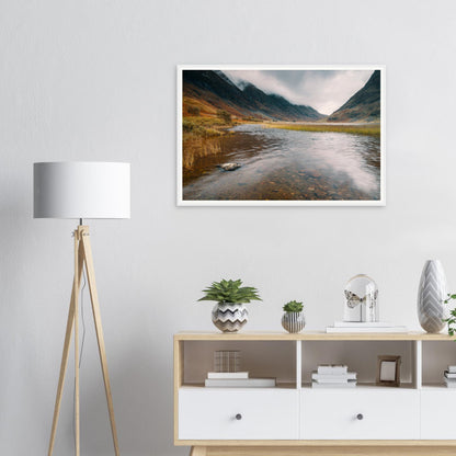 Framed print of Glencoe valley with Loch Achtriochtan reflections