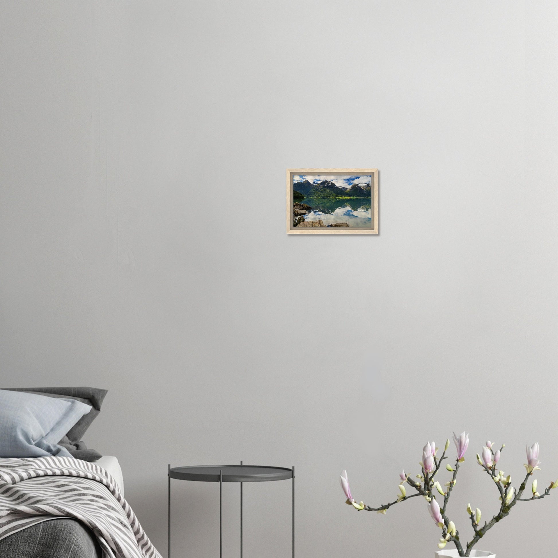 Mountain scenery reflected in Strynevatnet framed canvas