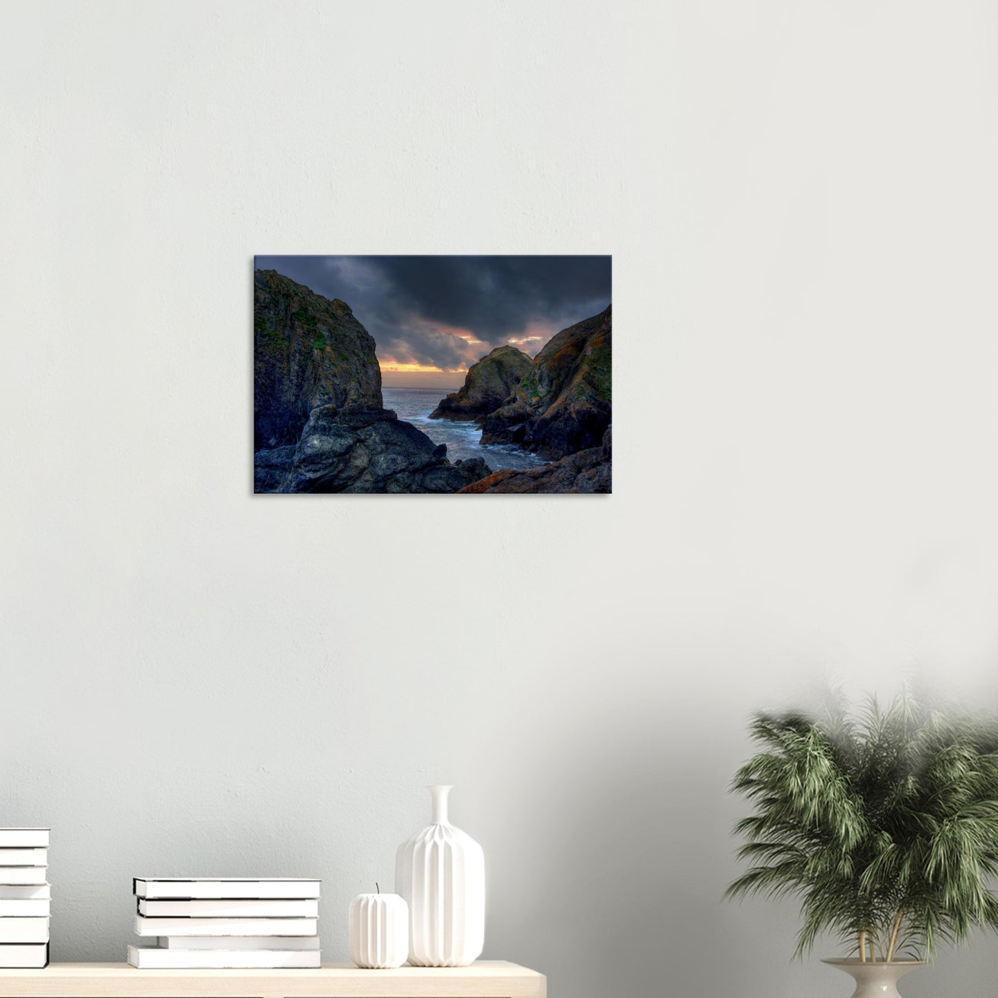 Rugged Cornwall seascape of Mullion Cove in twilight hues