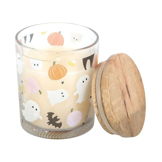 Glass jar candle with wooden lid and cute ghost artwork