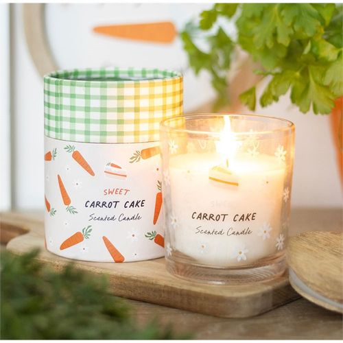 Carrot cake scented candle in glass jar with illustrated packaging