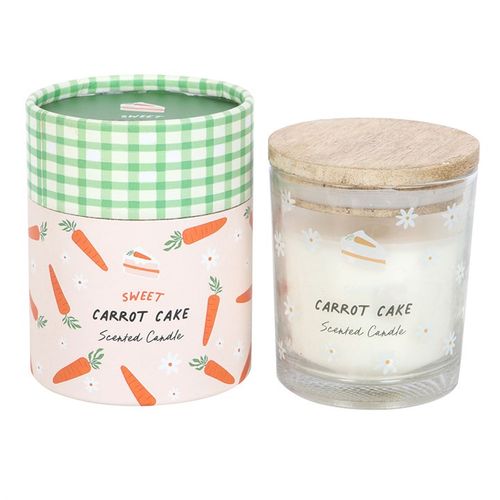 Carrot cake scented candle in glass jar with illustrated packaging