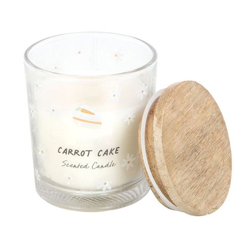 Carrot cake scented candle in glass jar with illustrated packaging