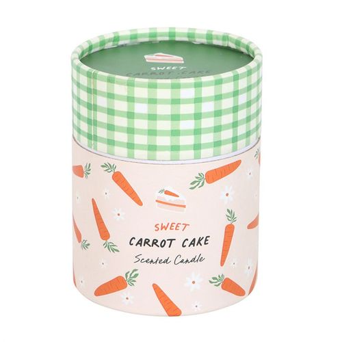 Carrot cake scented candle in glass jar with illustrated packaging