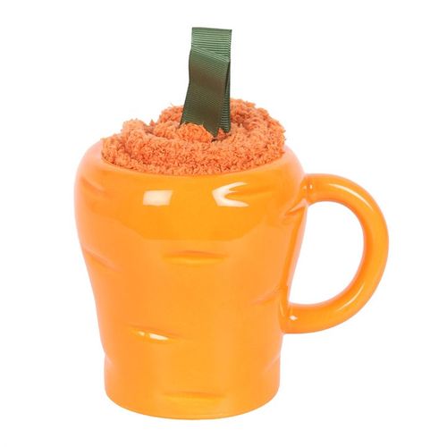 Carrot-shaped mug and fluffy socks gift set in bright orange