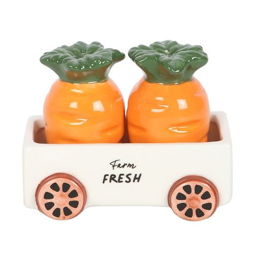 Carrot-shaped salt and pepper shakers in a matching cart