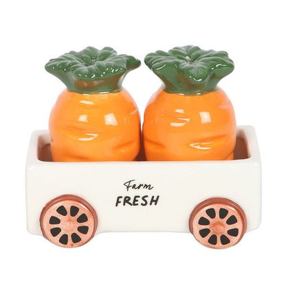 Carrot-shaped salt and pepper shakers in a matching cart