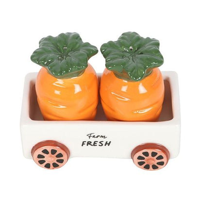 Carrot-shaped salt and pepper shakers in a matching cart