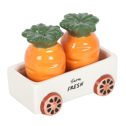 Carrot-shaped salt and pepper shakers in a matching cart