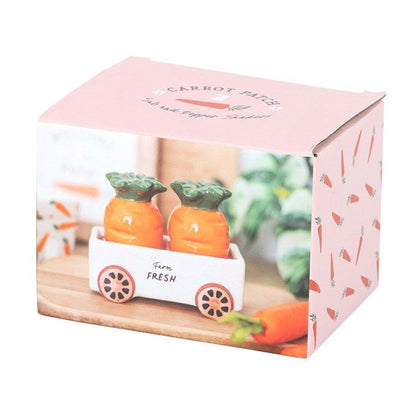 Carrot-shaped salt and pepper shakers in a matching cart