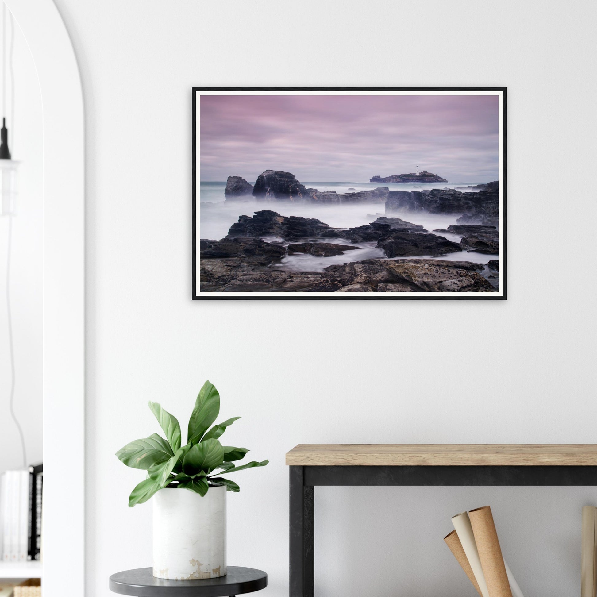 Scenic framed wall art of Cornwall’s Godrevy Lighthouse seascape