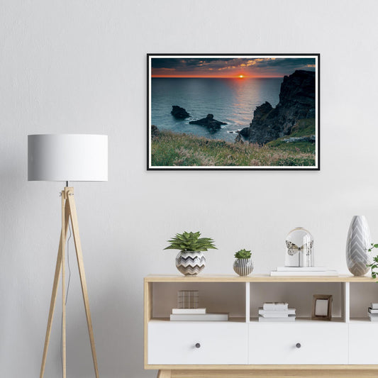 Framed print of Trethevy sunset Tintagel Cornwall coastline