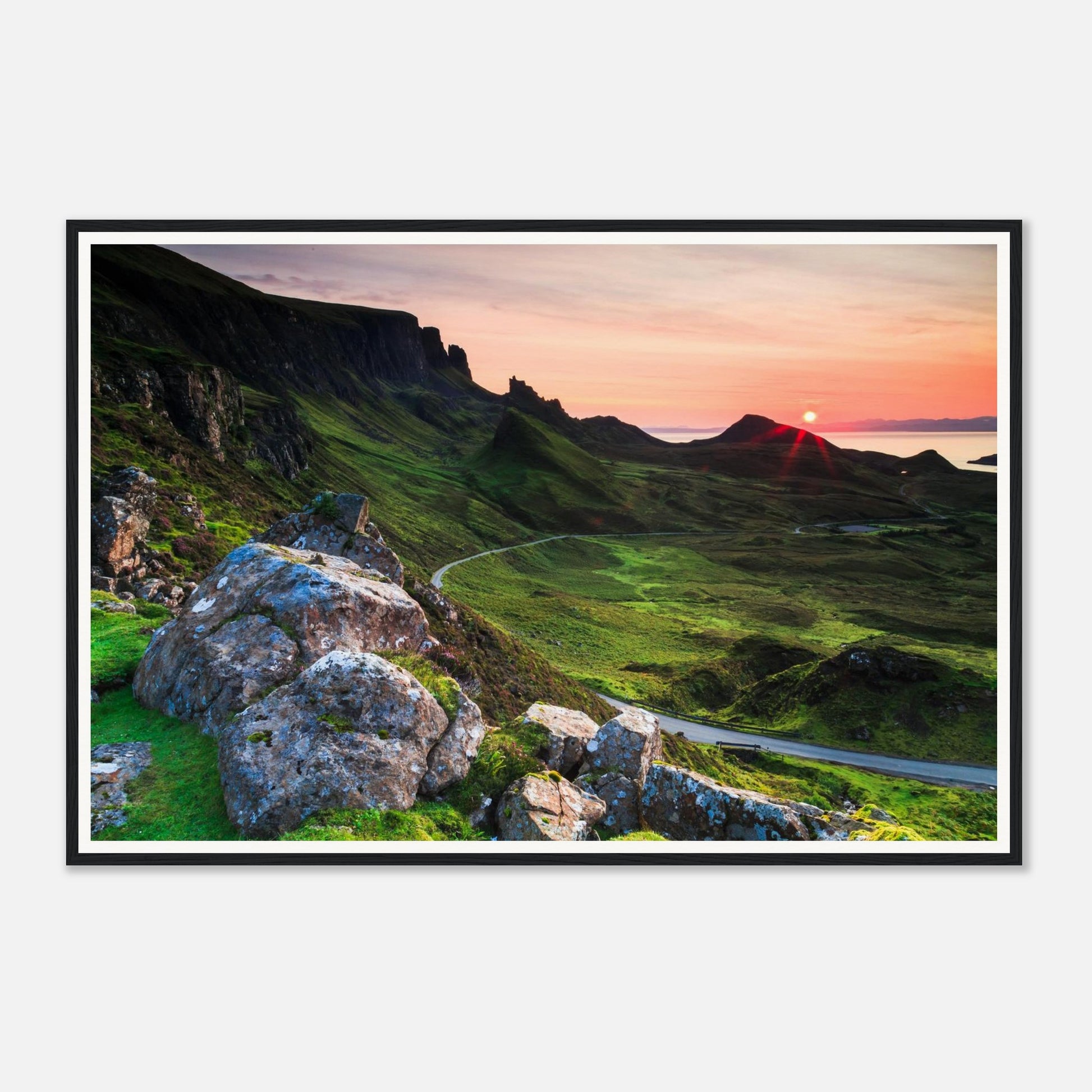 Vibrant pink and orange sunset sky over The Quiraing framed art