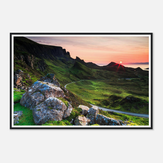 Vibrant pink and orange sunset sky over The Quiraing framed art