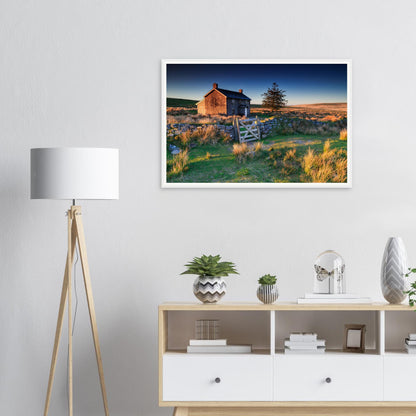 Atmospheric Dartmoor framed wall art of Nun’s Cross at dawn