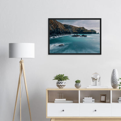 Tranquil coastal print with misty sea and cliffs