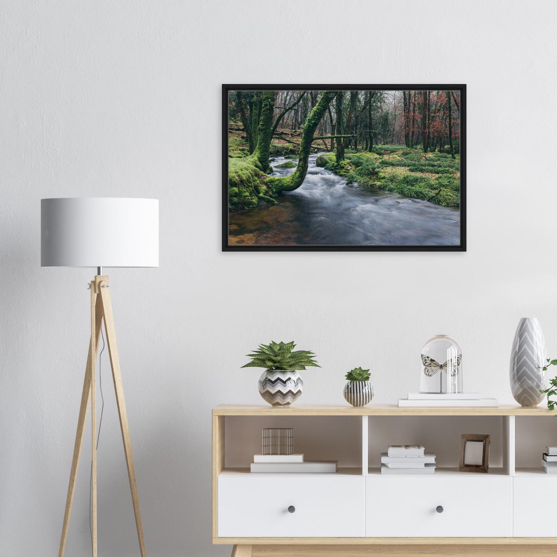 Softly flowing Dartmoor stream through mossy woods