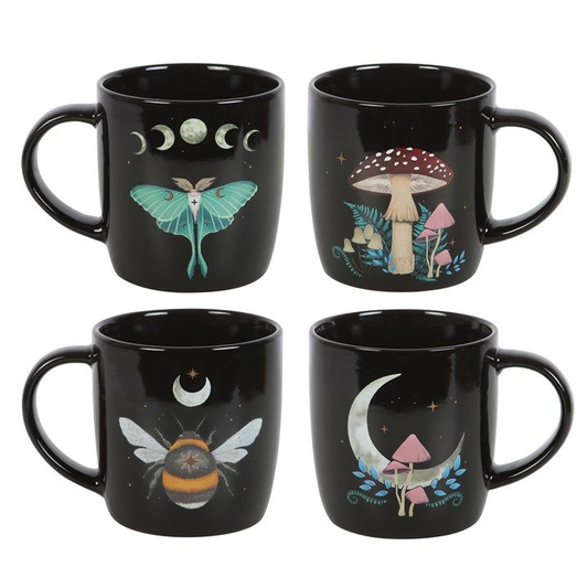 Set of four celestial-themed mugs featuring luna moth, toadstools, and bee designs.