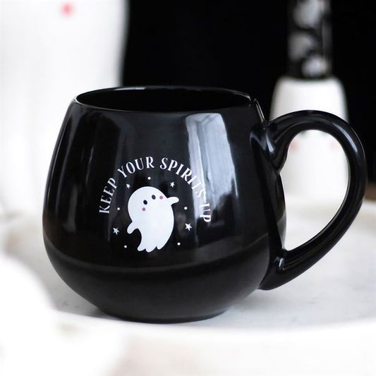 Rounded ceramic ghost mug with Keep Your Spirits Up phrase