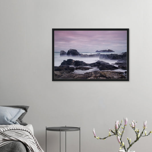 Framed canvas of Godrevy Lighthouse with misty sea and rocks